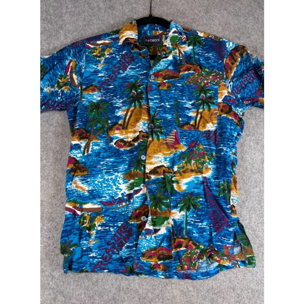 VTG 90s Network Hawaiian Shirt Mens S Tropical Treasure Island Beachy Vacation